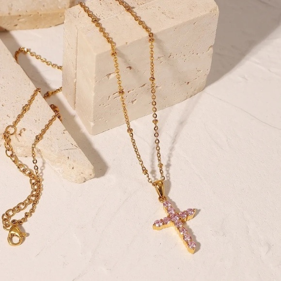 18K Gold Plated Pink Cubic Zirconia Cross Pendant Necklace - Picture 5 of 7